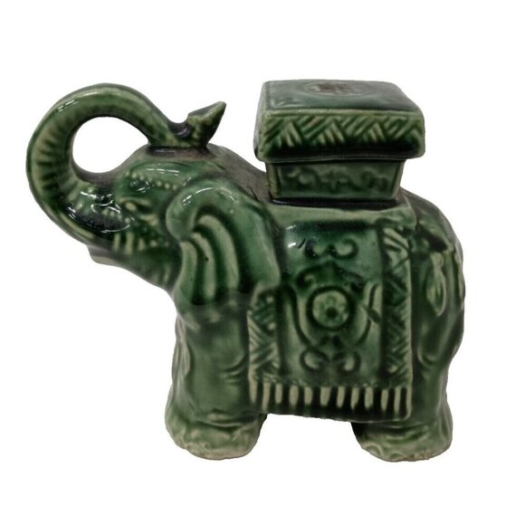 Vintage Green Majolica Pottery Ceramic Elephant Figurine Trunk Up Hand Painted - Picture 1 of 8